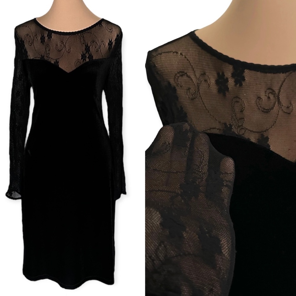 Vintage 90s / Y2K Black Velvet Sweetheart Dress w/ Long Sheer Floral Sleeves M